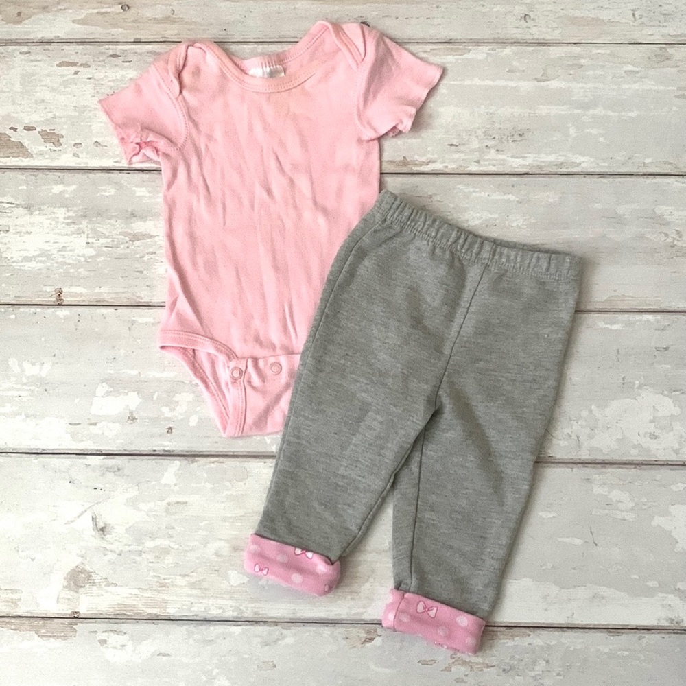 Baby Girl 3m Outfit Pink Bodysuit & Gray Joggers Sweatpants Pants 100% Cotton